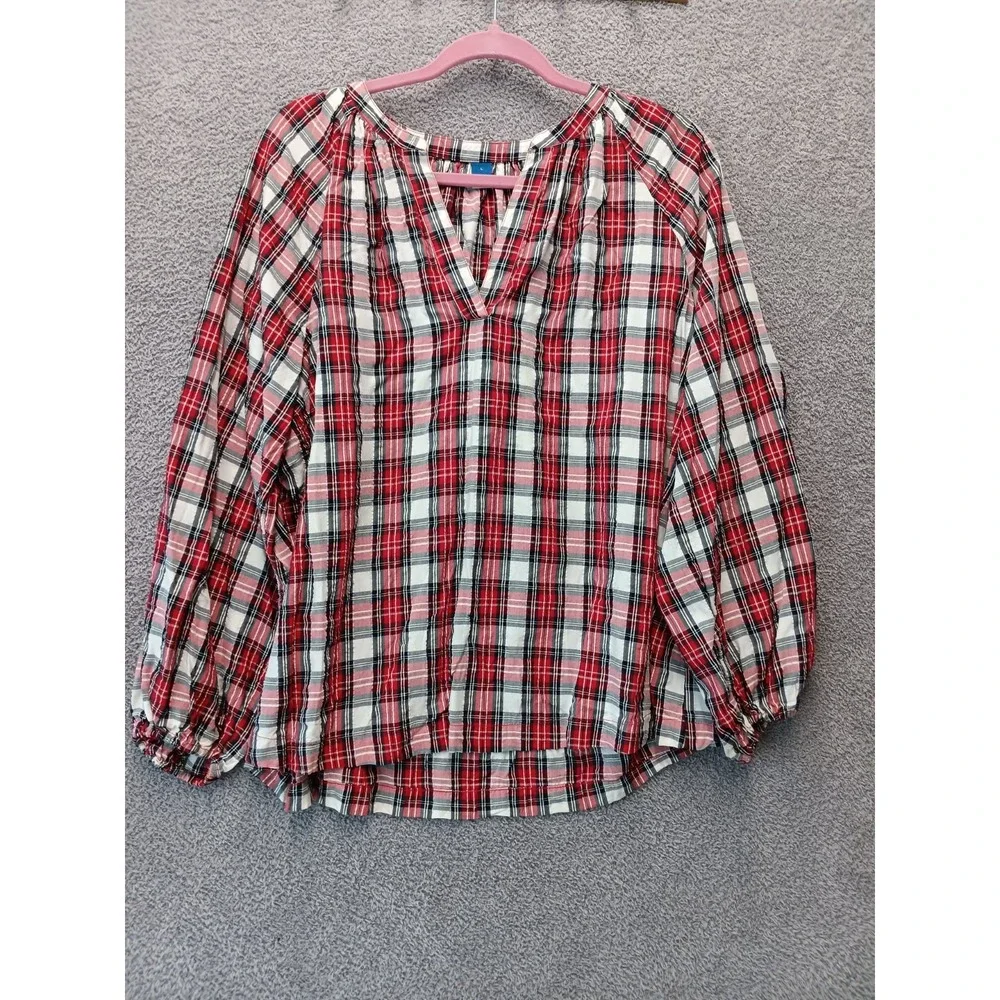 Old Navy Women's Plaid Blouse Size L Red White V-Neck‎ Long Sleeve Cottage Core